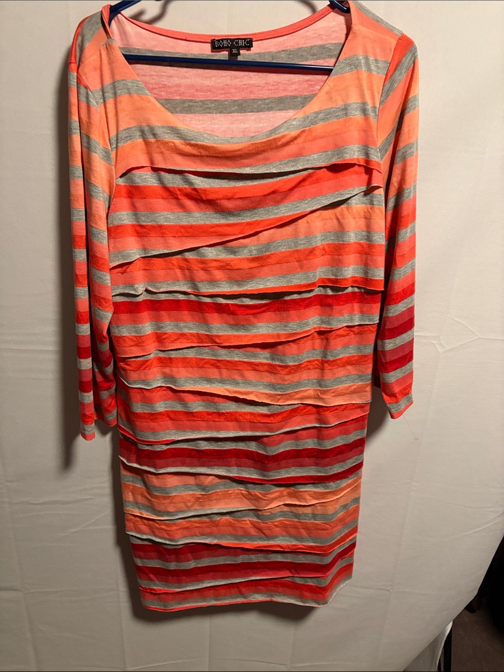 Boho Chic Coral and Gray Striped Long Sleeve Dress